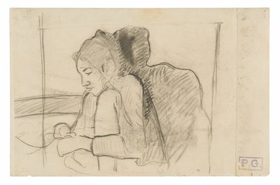 座っているタヒチの女性 (右)、オンドリとニワトリのスケッチ (裏面) 作： Paul Gauguin