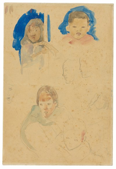 子供と女性と横顔のスケッチ (右)、馬と子供のスケッチ (裏面) 作： Paul Gauguin