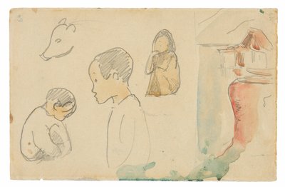 しゃがむ人、立つ人、豚、水辺の小屋のスケッチ 作： Paul Gauguin