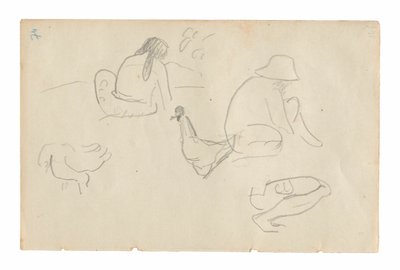 座っている人物とニワトリのスケッチ (右)、裸の女性のトルソ (絵画 Te a no areois [The Seed of the Areoi] に関連) (裏面)、Carnet de Tahiti (タヒチのスケッチブック) より 作： Paul Gauguin