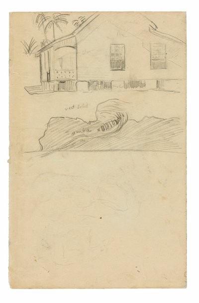 色の表記と犬が描かれたタヒチの住居のスケッチ 作： Paul Gauguin