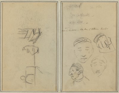 フィギュア2体とベンチ。 男性の頭と手の 1 つの研究 [直訳] 作： Paul Gauguin