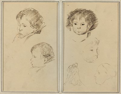 子供の頭の 2 つの研究。 子供の頭、横顔の女性、動物とレスリングする男性の 2 つの習作 [直訳] 作： Paul Gauguin