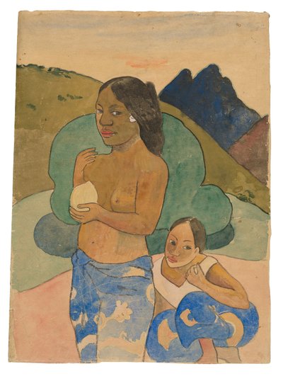 風景の中の2人のタヒチの女性、1892年頃（水彩とガッシュ） 作： Paul Gauguin