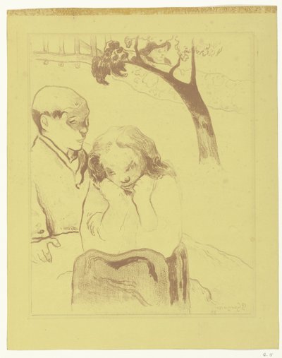 悲しい女性は男と一緒に座っています 人間の苦しみ ミゼレス・ヒューマイン 作： Paul Gauguin