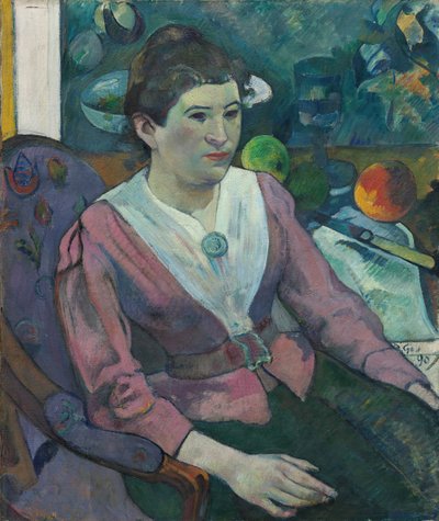 セザンヌの静物画の前に立つ女性、1890年。 作： Paul Gauguin