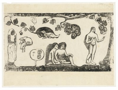 後期木版画集より女性、動物、葉 作： Paul Gauguin