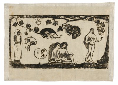 女性、動物、葉、後期木版画組曲より 作： Paul Gauguin