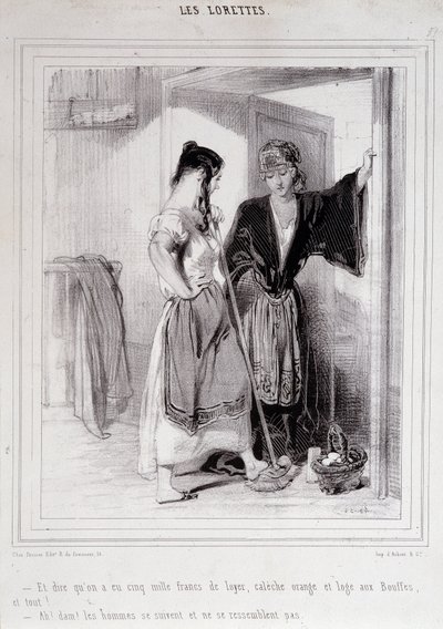 階段で男性について会話する2人の貧しい女性、「Les Lorettes」、Gavarni、1840年頃。 作： Paul Gavarni