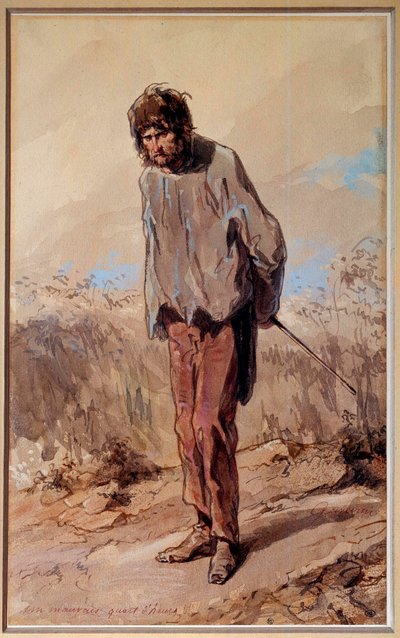 A bad 15 minutes A convict has the gallows.ポール・ガヴァルニ（1804-1866）による水彩・ガッシュ画 作： Paul Gavarni