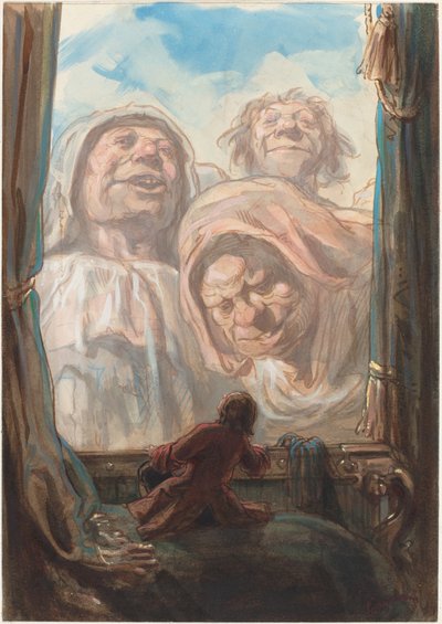 Brobdingnag の地で 3 人の巨大な物乞いに畏敬の念を抱くガリバー 作： Paul Gavarni