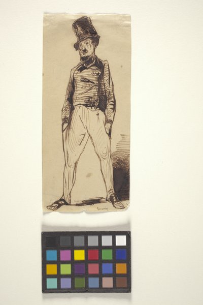 Man With Hands In Pockets (オフホワイトの紙にペンとインク) 作： Paul Gavarni
