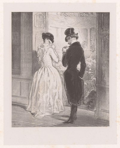 舞踏室の前で仮面をかぶった女性と男性 うね調査 カーニバル（シリーズタイトル） Oeuvres nouvelles de Gavarni. カーニバル（シリーズタイトル） 作： Paul Gavarni