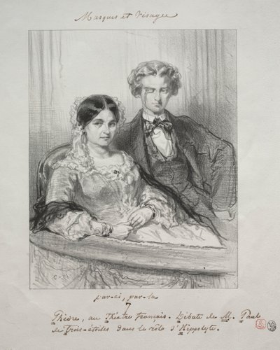 マスクと顔：パリック、パーラ：フェドレオテアトルフランセ...、1857-1858。 作： Paul Gavarni