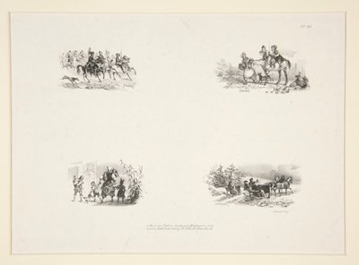 4 つの科目: 騎兵隊。 4 人の子供; 小さな子供を抱えた農民の女性。 旅行者 作： Paul Gavarni