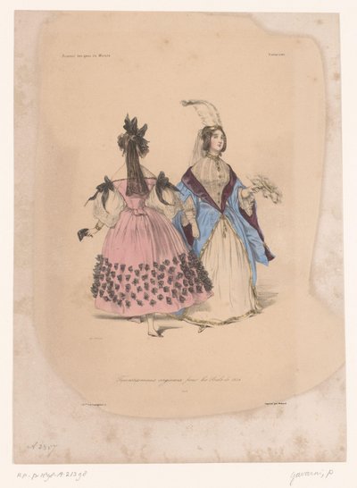 ボール ガウンの 2 人の女性 Travestissemens originaux pour les Bals de 1834 (オブジェクトのタイトル) イマジナティブ・クロージング（連載タイトル） ファンタジー (オブジェクトのシリーズ タイトル) 作： Paul Gavarni