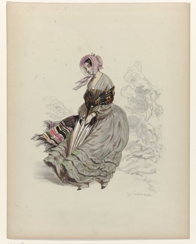 日傘をさして風の中を歩く女性、1840年 作： Paul Gavarni