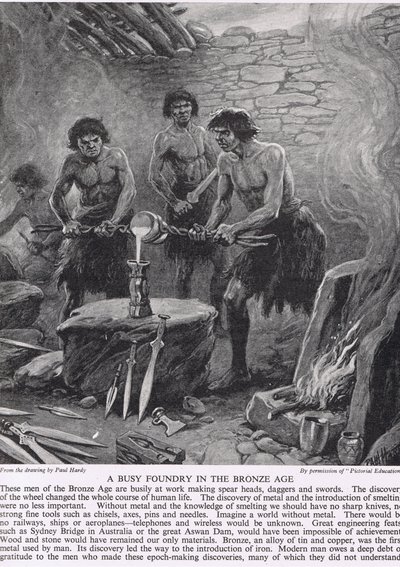 青銅器時代の忙しい鋳造所、「イギリス人の物語」、c.1950のイラスト 作： Paul Hardy