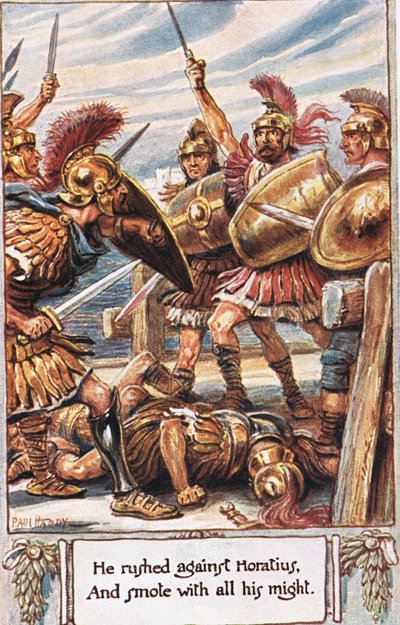 彼はホラティウスに殺到し、彼の全力を尽くして、「古代ローマの産卵」のイラストをトーマス・バビントン・マコーレーによって描いた。 作： Paul Hardy