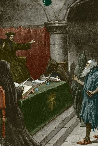 スペインのユダヤ人の異端審問と追放: 1492 年頃に大審問官の前にいるスペイン系ユダヤ人、アルハンブラ宮殿の布告の発行時 - ポール ハーディによるイラスト 1891 大審問官の前のスペイン系ユダヤ人 作： Paul Hardy