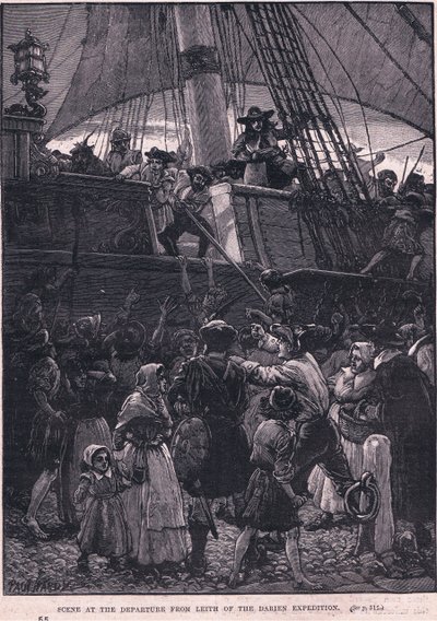 AD1698年ダリエン探検隊のリースからの出発シーン（リトグラフ 作： Paul Hardy