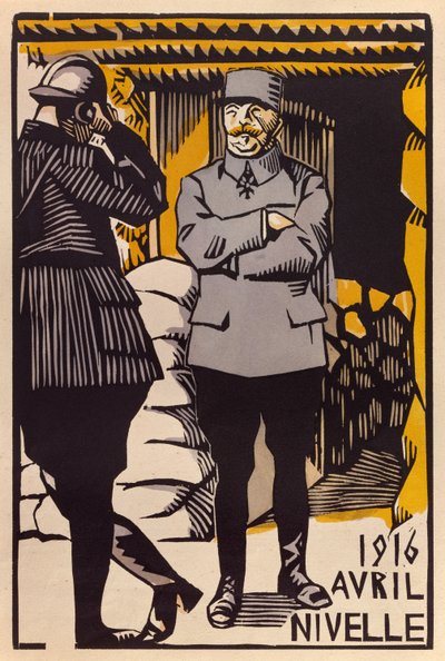 1916年4月、ヴェルダンの戦いにおけるニベル将軍の攻勢（カラー木版画） 作： Paul Hermann