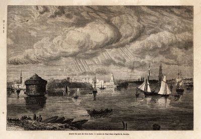 1854-1855年の北アメリカへの航海を説明するためにポール・ユエ（1803-1869）が描いたニューヨーク港の入り口、L.デヴィル作。1861年の "Le tour du monde "に掲載されたエングレーヴィング。セルバのコレクション。 作： Paul Huet