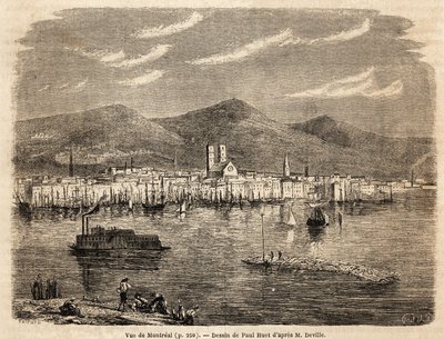 モントリオールの眺め、ポール・ユエ（1803-1869）が1854-1855年の北アメリカへの航海を説明するために描いたもの、L.ドゥヴィル作。1861年「Le tour du monde」に掲載されたエングレーヴィング。セルバのコレクション。 作： Paul Huet