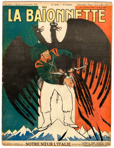 カラーで描かれた風刺的な「La Baionnette」の表紙 作： Paul Iribe