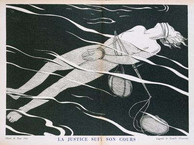 フルーリーが出版した「Parlons Francais」の「正義はその道をたどる」、正義システムの風刺画。 1934 作： Paul Iribe