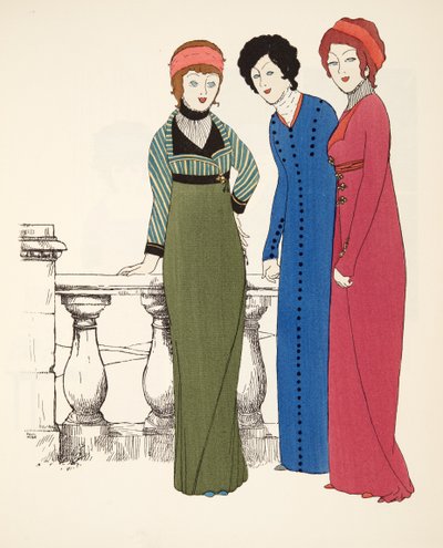 Les Robes de Paul Poiretパブからの3つのエンパイアラインイブニングコート。 1908（ステンシルプリント） 作： Paul Iribe