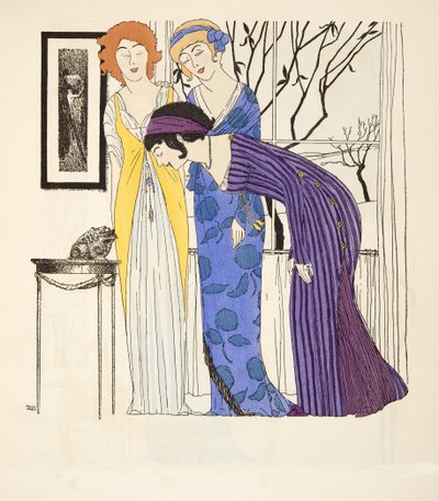 Les Robes de Paul Poiretパブからの3つのエンパイアラインドレス。 1908（ステンシルプリント） 作： Paul Iribe