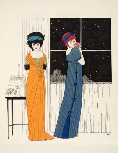 Les Robes de Paul Poiretパブからの2つのエンパイアラインドレス。 1908（ステンシルプリント） 作： Paul Iribe