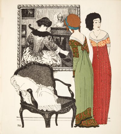 Les Robes de Paul Poiretパブからの2つのエンパイアラインドレス。 1908（ステンシルプリント） 作： Paul Iribe