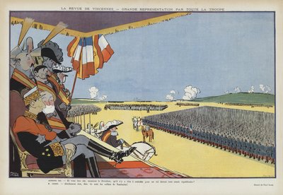 スペインのアルフォンソ13世王のパリ訪問：ヴァンセンヌでの軍事パレード。ル・リールのイラスト 作： Paul Iribe