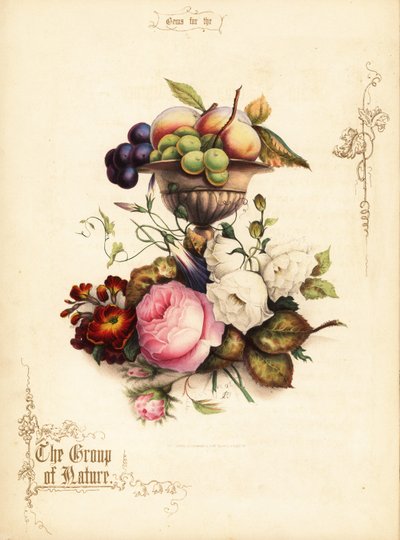 花瓶にぶどうと桃を入れたバラの花束。 作： Paul Jerrard