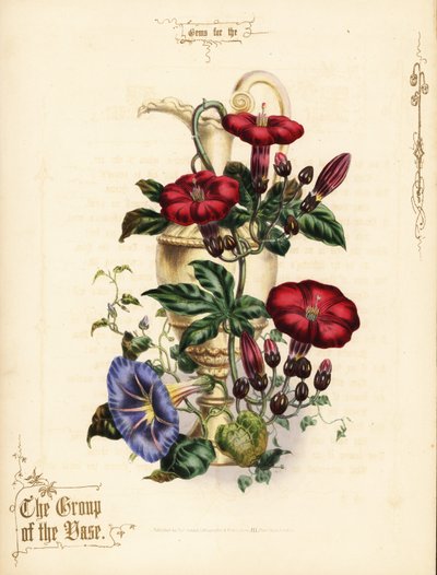 緋色のサツマイモと青い朝顔の花束と花瓶。 作： Paul Jerrard