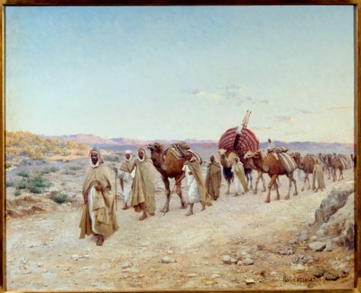 1892年 アルジェリア、ビスクラ近郊の砂漠のキャラバン隊 Jean Baptiste Paul Hippolyte Lazerges, dit Paul Lazerges (1845-1902) の絵画 1892年 Sun.0,81x1,01 m Nantes, musee des Beaux Arts - アルジェリア、ビスクラ近郊の砂漠でのキャラバン隊 作： Paul John Baptiste Lazerges