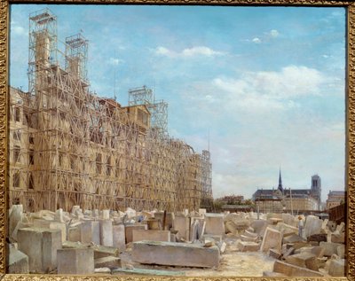 再建中のパリ市庁舎 1871年にコミュニオン派によって焼失した建物は、足場と石ブロックで覆われて再建されています。ヴィクトル・ダルゴー（1850年頃～1913年）による絵画 1880年 日。0.65 x 0.81 m Paris, musee Carnavalet - 市庁舎 作： Paul Joseph Victor Dargaud