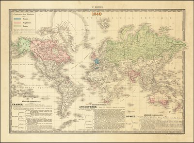1840年、イギリス、フランス、ロシア帝国の領土を描いたフランスの世界地図 作： ポール・ケッペリン