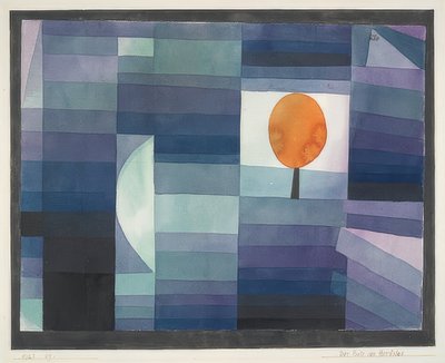 秋のメッセンジャー（緑・紫のグラデーションとオレンジのアクセント）。 1922 作： Paul Klee