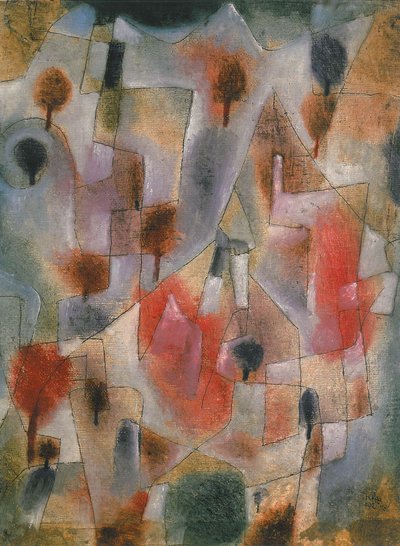 1920年、青と赤の木々のある風景。 作： Paul Klee