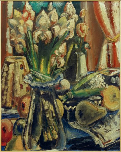 アイリスの花束のある静物画 作： Paul Kleinschmidt
