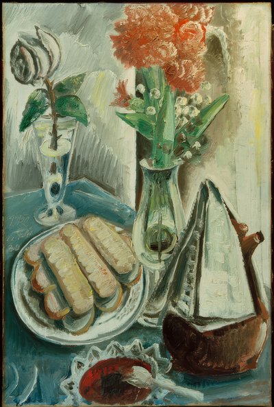 コーヒーポットと花とお菓子のある静物画 作： Paul Kleinschmidt