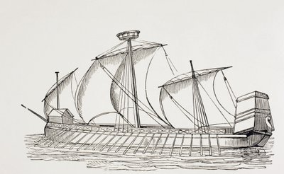 16世紀、正方形の帆を持つ3本マストのガレー船。 作： Paul Lacroix