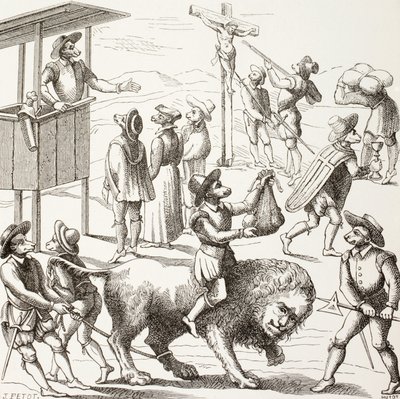 ユグノーが犯したとされる過ちの寓意画。飼いならされたライオンは、異端者とその行為によって衰退したフランスを表している。 作： Paul Lacroix