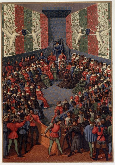 1458年にヴァンドームで行われたアランコン公ジョン（イギリスと同盟）の裁判を司会するシャルル7世 - フーケの細密画を参考にしたもので、ポール・ラクロワ著「中世とルネサンス時代の軍隊と宗教生活」に掲載されている。 作： Paul Lacroix