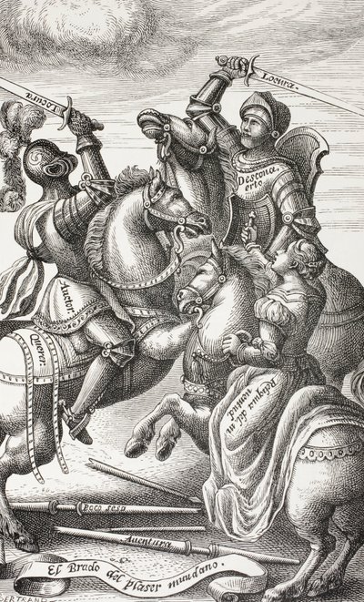 寓意的な人物によって表現される騎士道。馬上で戦う騎士たち。16世紀の銅版画の後。 作： Paul Lacroix