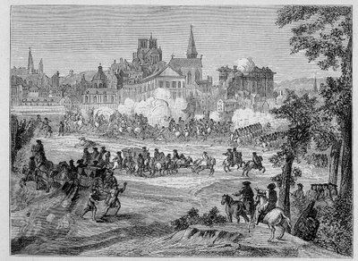 フロンド時代のパリのサン・アントワーヌ広場での戦闘（1652年）、ポール・ラクロワによる「17世紀-制度：使用法と衣装、フランス1590-1700年」。 作： Paul Lacroix