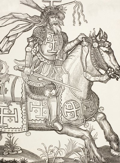ゴドフリー・オブ・ブイヨン、1060-1100年、中世フランク王国の騎士。第一回十字軍の指導者。キリストの受難の道具を戴く。15世紀の木版画による。 作： Paul Lacroix